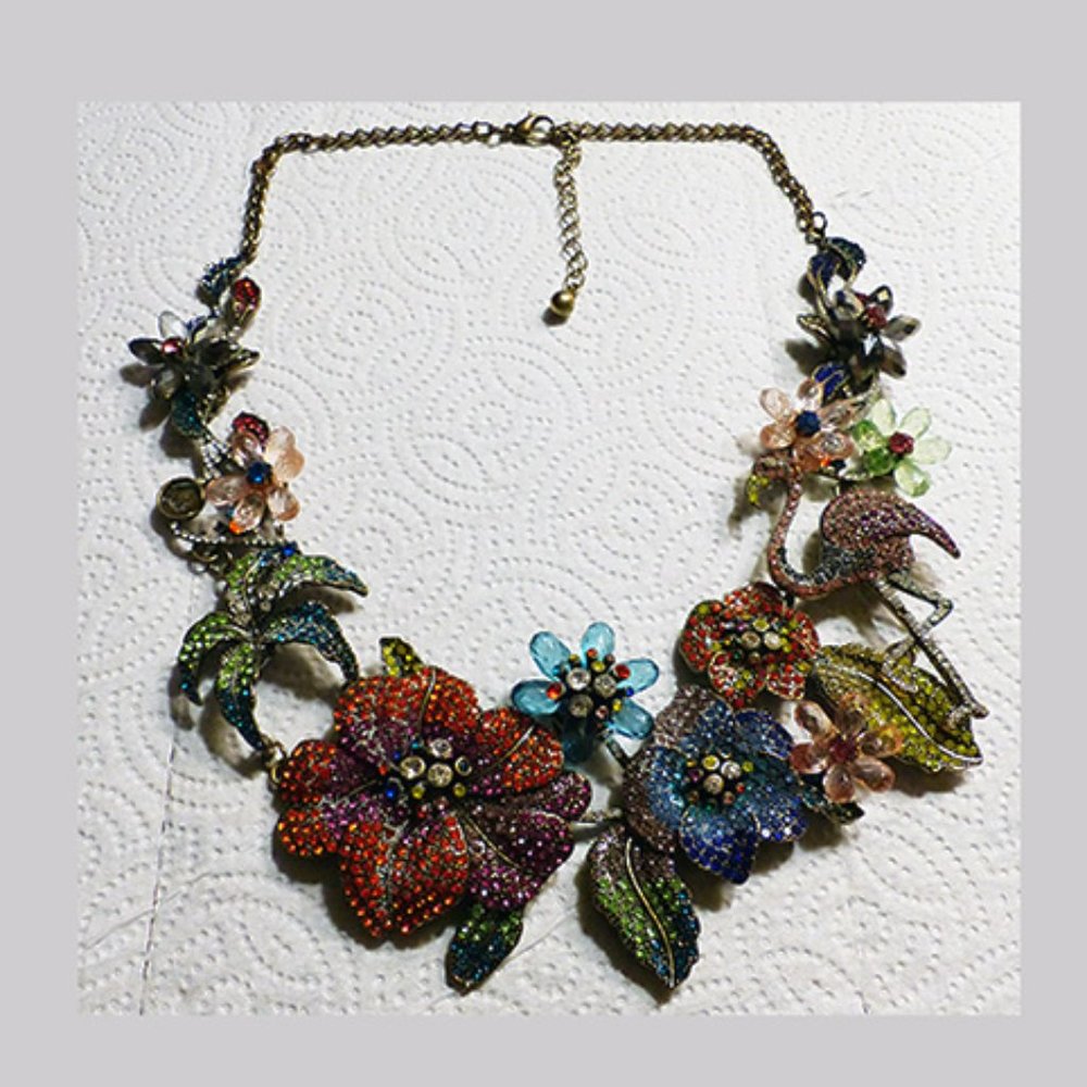 Natasha Floral Multi-Color Crystal Bib Necklace Flamingo Palm Tree for Repair